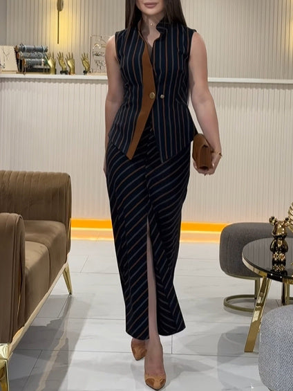 Women's Striped Stand-up Collar Vest & Front Slit Skirt Suit