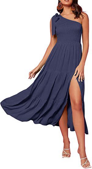 Women's Summer Fashion One-shoulder Pleated, Layered Hem Split Dress