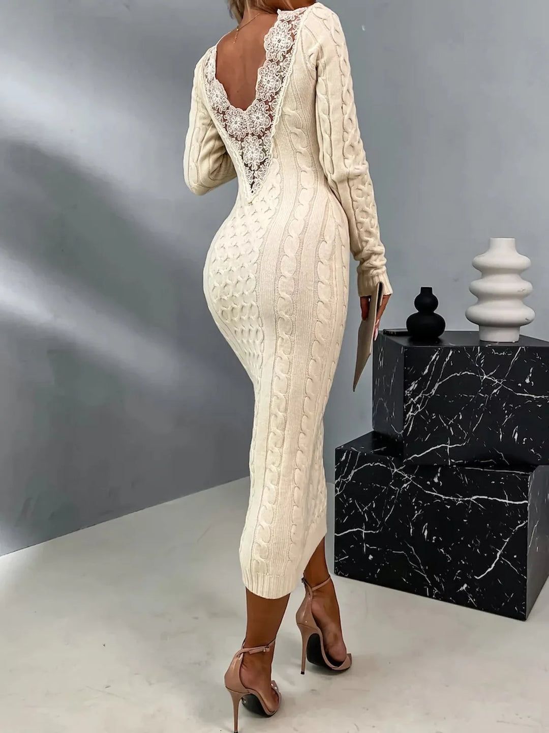 Casual V-neck Patchwork Lace Sweater Dress