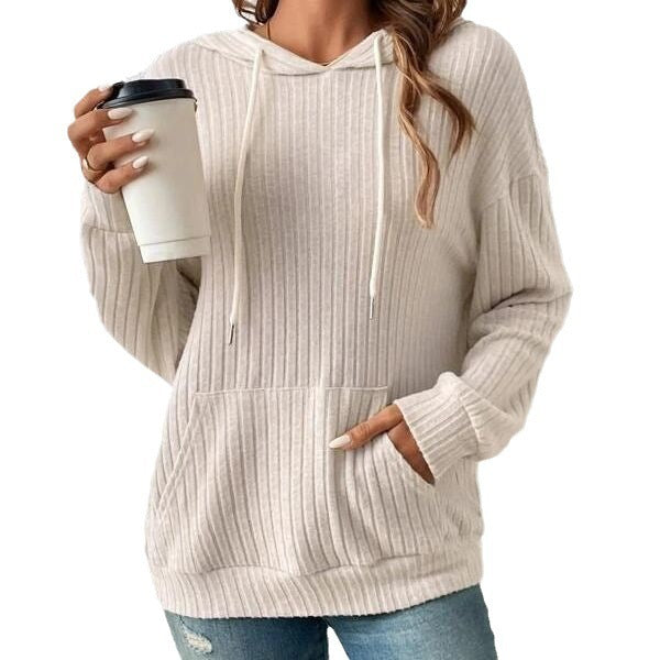 Women's Drawstring Long-sleeved Hooded Sweatshirt With Pockets, Solid Hoodie type Knitwear