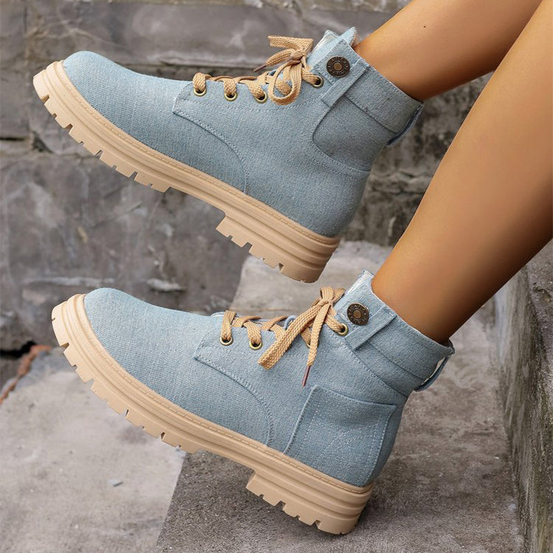 Women's Lace-up Denim Ankle Boots for Autumn and winter