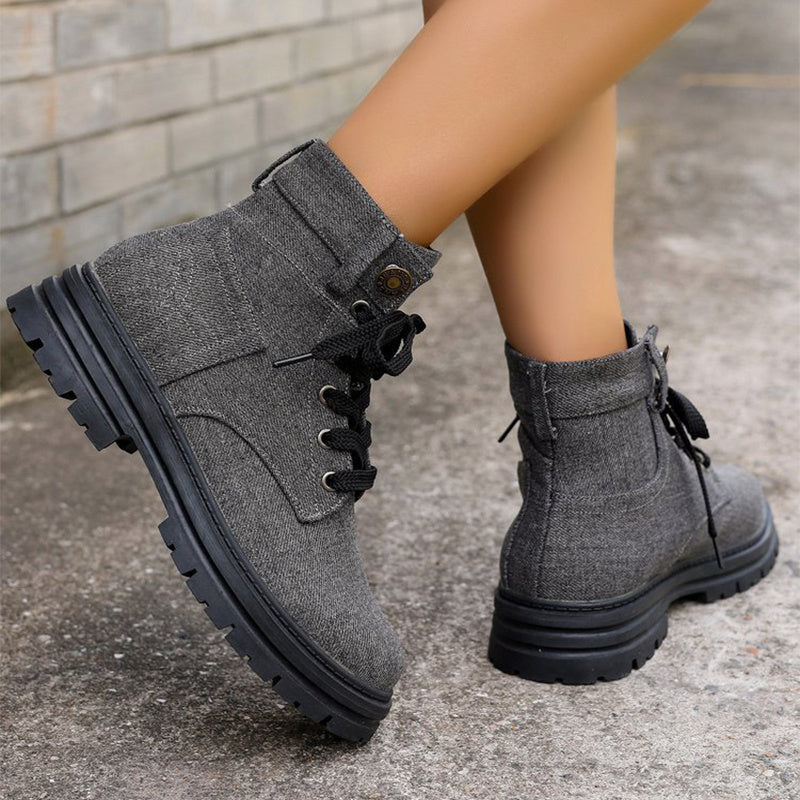 Women's Lace-up Denim Ankle Boots for Autumn and winter