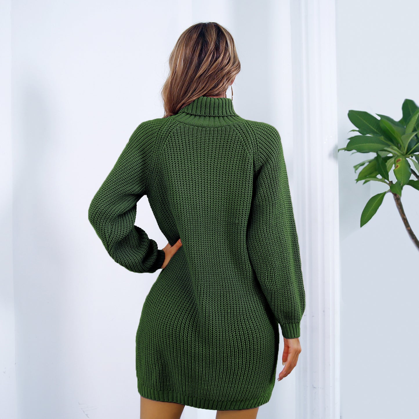 Women's Winter Turtleneck Long Sweater Dress With Button Design