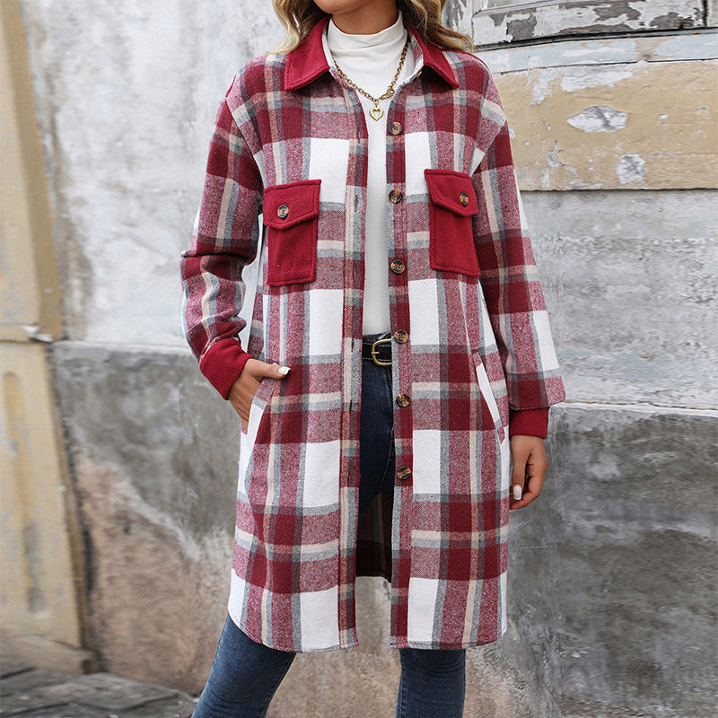 Women's Brushed Plaid Long Coat With Pockets