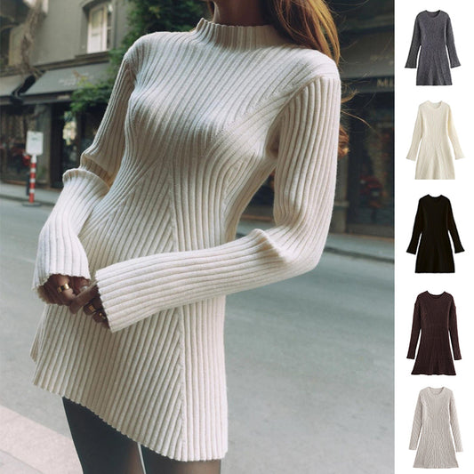 Women's Fashion Solid Ribbed&Knitted Fall And Winter Slim-fit short sweater dress