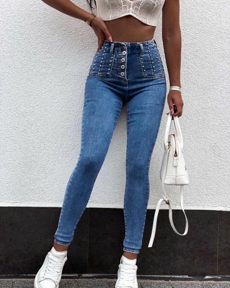 Women's High Waist, Breasted, Skinny Denim Trousers