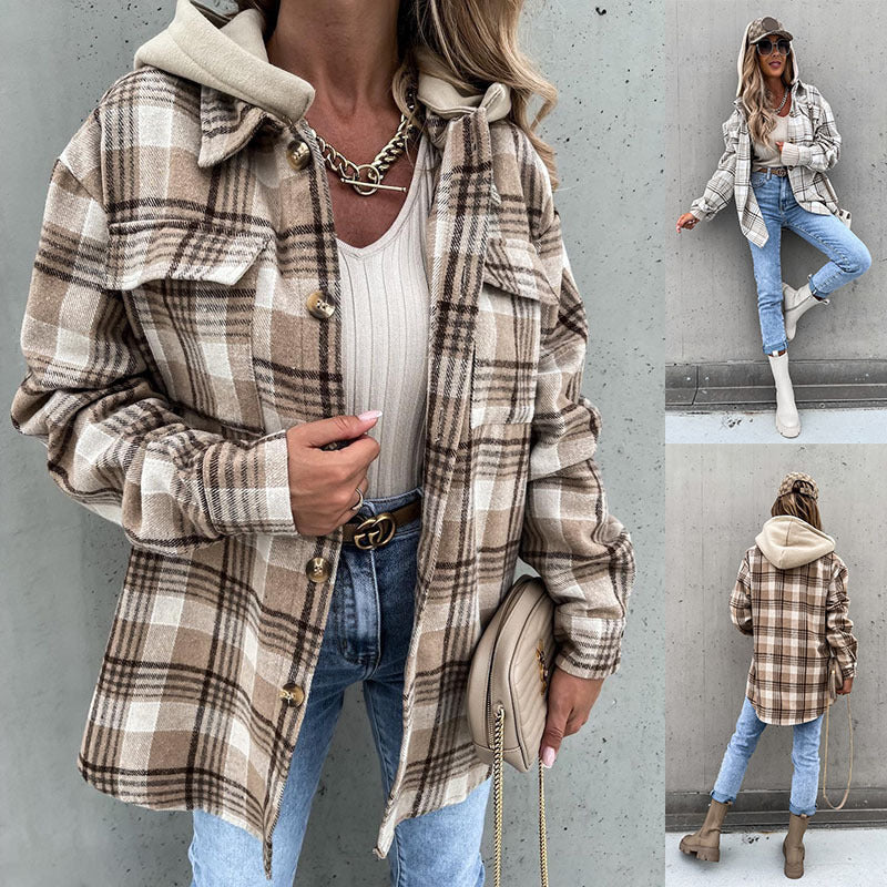 Women's Woolen Jacket,Winter Fashion Plaid Hooded, With Detachable Cap And Pockets Outerwear