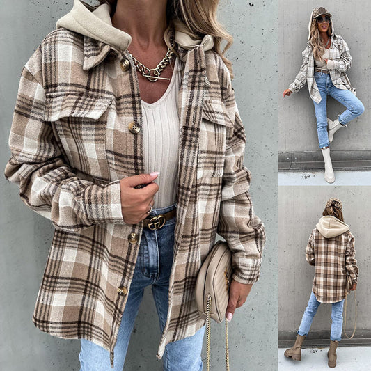 Women's Woolen Jacket,Winter Fashion Plaid Hooded, With Detachable Cap And Pockets Outerwear