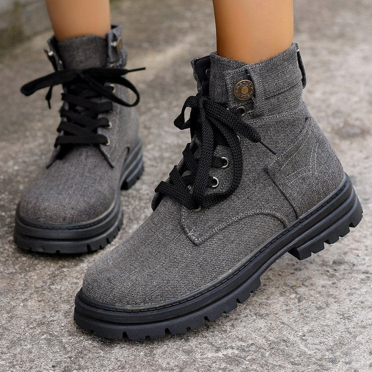 Women's Lace-up Denim Ankle Boots for Autumn and winter