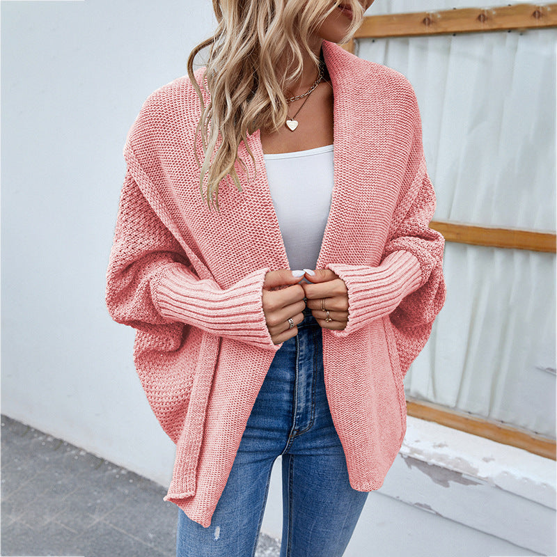 Women's Loose Knitted Sweater, Solid Color, Bat Sleeve, Large Lapel Cardigan, Autumn And Winter Jacket