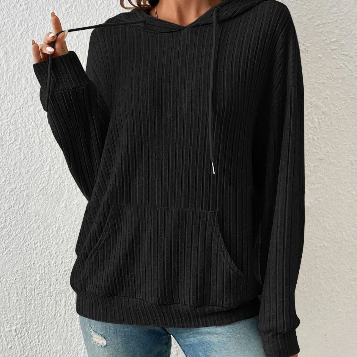 Women's Drawstring Long-sleeved Hooded Sweatshirt With Pockets, Solid Hoodie type Knitwear