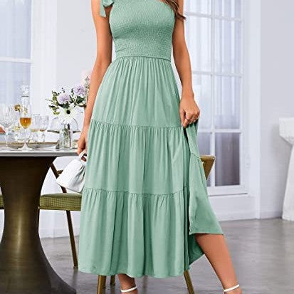 Women's Summer Fashion One-shoulder Pleated, Layered Hem Split Dress