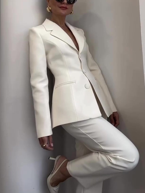 Women's Classic Waist-cinched Blazer & High-waisted Pants White Suit