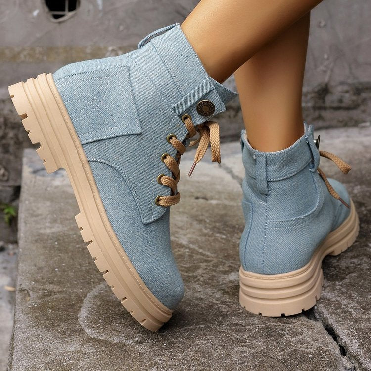 Women's Lace-up Denim Ankle Boots for Autumn and winter