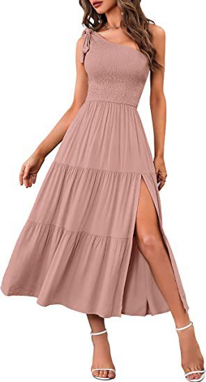 Women's Summer Fashion One-shoulder Pleated, Layered Hem Split Dress