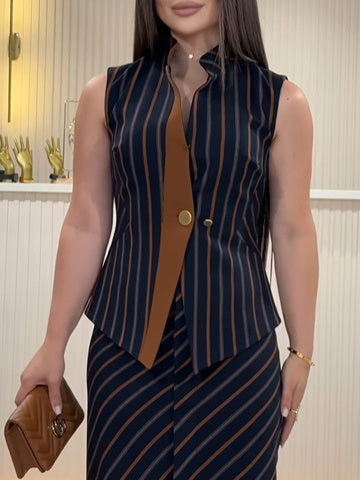 Women's Striped Stand-up Collar Vest & Front Slit Skirt Suit