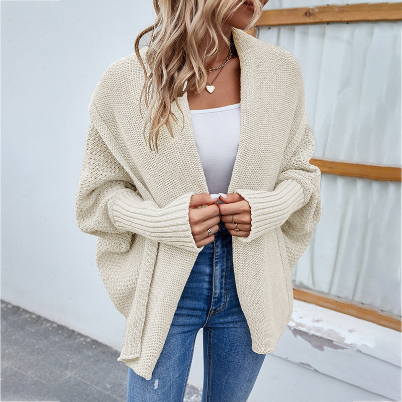 Women's Loose Knitted Sweater, Solid Color, Bat Sleeve, Large Lapel Cardigan, Autumn And Winter Jacket