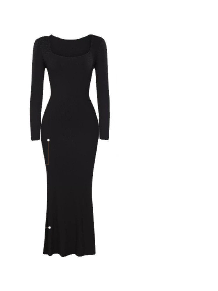 Women's Round Neck, Sleeved Slim Fitting Long Dress