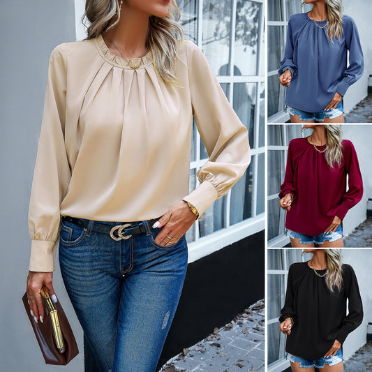 Women's Elegant Lace Collar, Long Sleeved, Solid Color Top