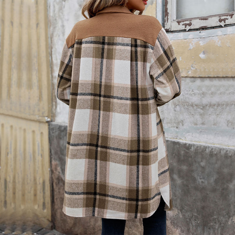 Women's Brushed Plaid Long Coat With Pockets