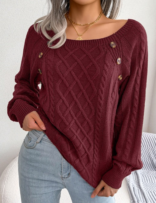 Women's Square Neck Button Fried Dough Twist Knitting Sweater