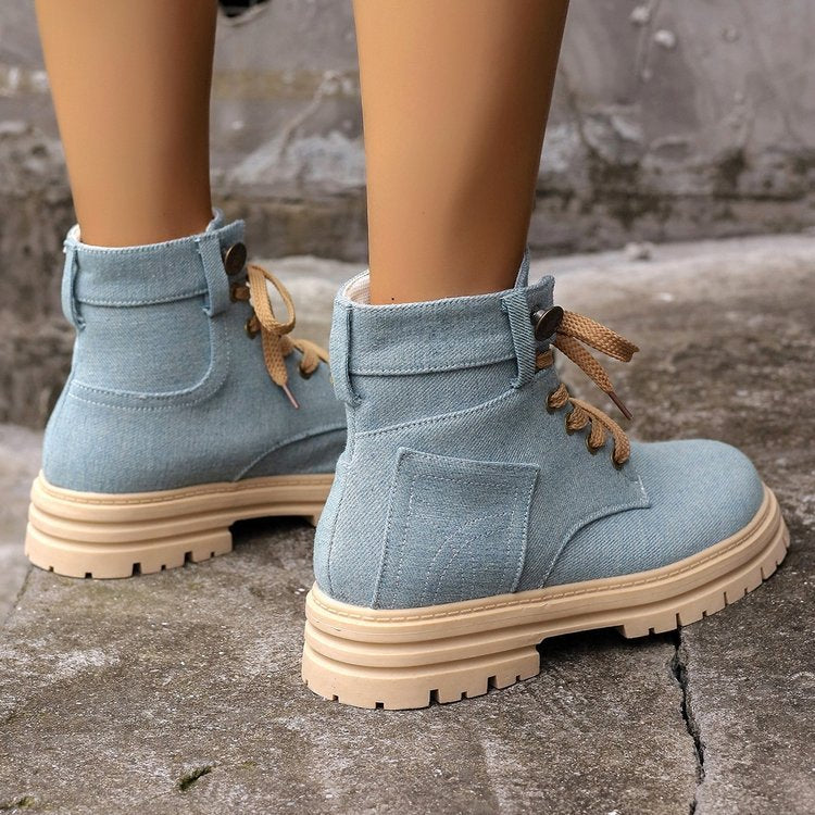 Women's Lace-up Denim Ankle Boots for Autumn and winter