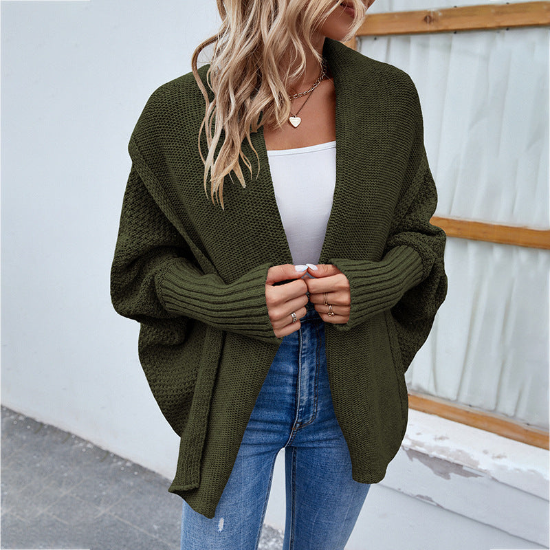 Women's Loose Knitted Sweater, Solid Color, Bat Sleeve, Large Lapel Cardigan, Autumn And Winter Jacket