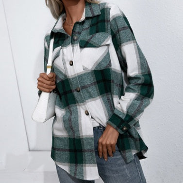 Women's Long-sleeved Thick Cashmere Plaid Shirt Jacket