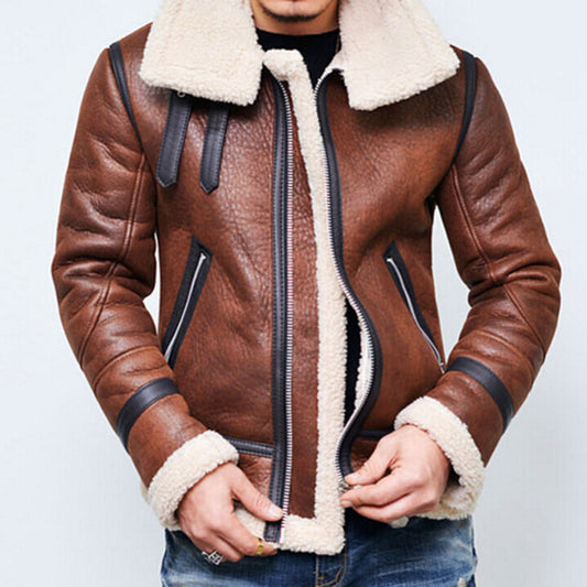 Men's Winter Highneck Warm Fur Lined Lapel Leather jacket with Zipper