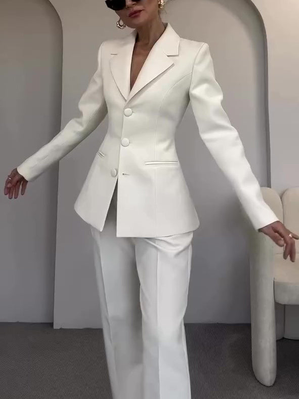 Women's Classic Waist-cinched Blazer & High-waisted Pants White Suit