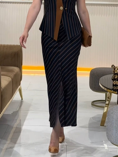 Women's Striped Stand-up Collar Vest & Front Slit Skirt Suit