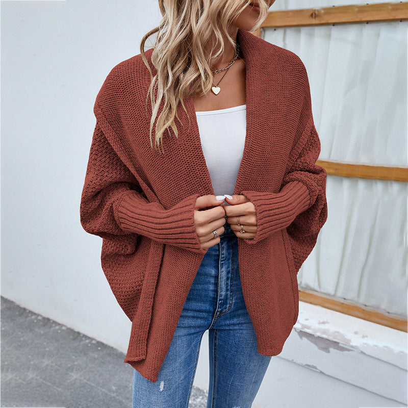 Women's Loose Knitted Sweater, Solid Color, Bat Sleeve, Large Lapel Cardigan, Autumn And Winter Jacket