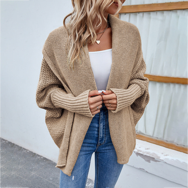 Women's Loose Knitted Sweater, Solid Color, Bat Sleeve, Large Lapel Cardigan, Autumn And Winter Jacket