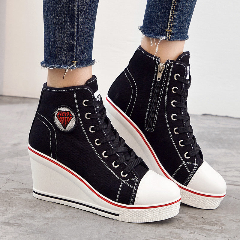 Women's Wedge Heel Casual Side Zipper High-heel Lace-up  Shoes