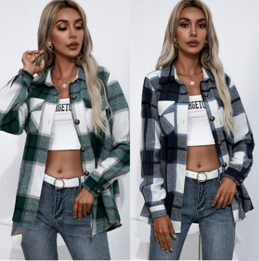 Women's Long-sleeved Thick Cashmere Plaid Shirt Jacket