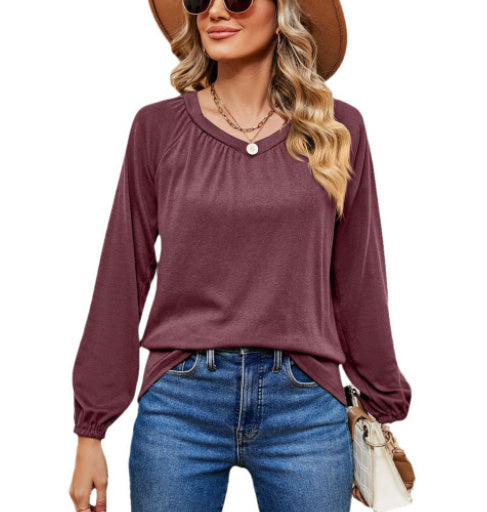 Women's Elegant Lace Collar, Long Sleeved, Solid Color Top