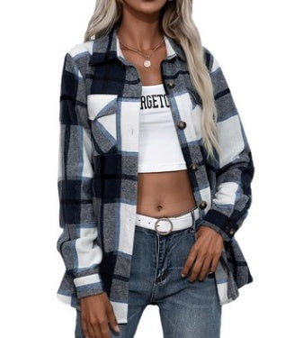 Women's Long-sleeved Thick Cashmere Plaid Shirt Jacket