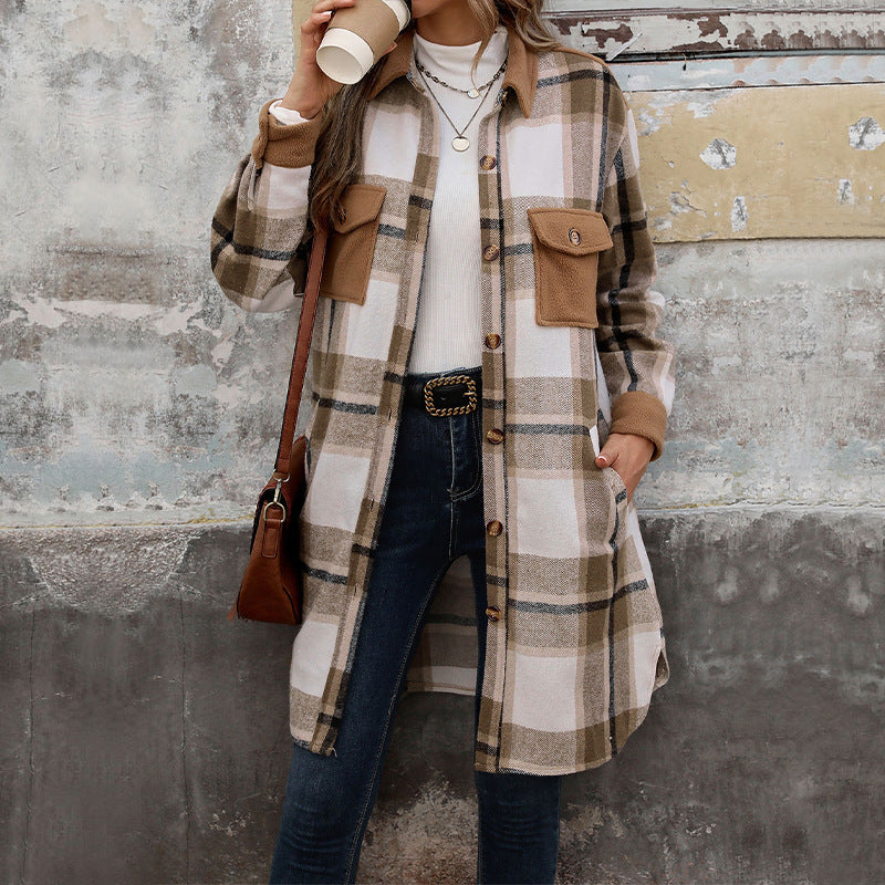 Women's Brushed Plaid Long Coat With Pockets