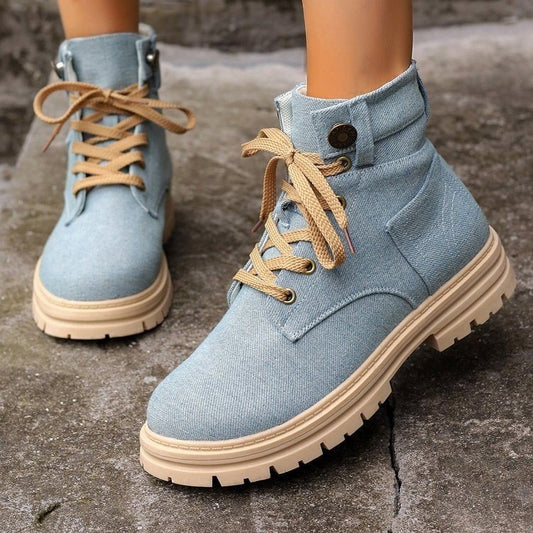 Women's Lace-up Denim Ankle Boots for Autumn and winter