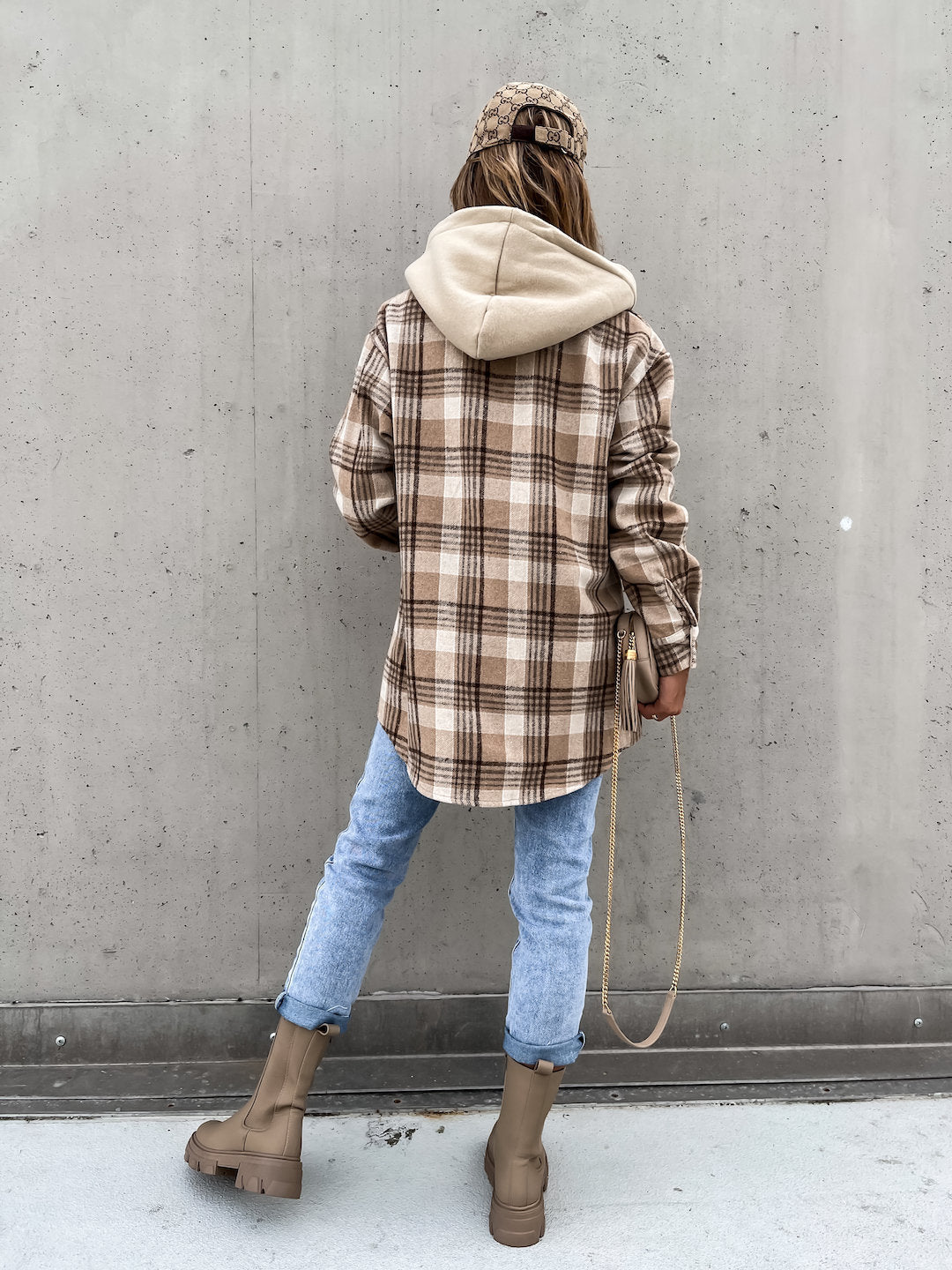 Women's Woolen Jacket,Winter Fashion Plaid Hooded, With Detachable Cap And Pockets Outerwear