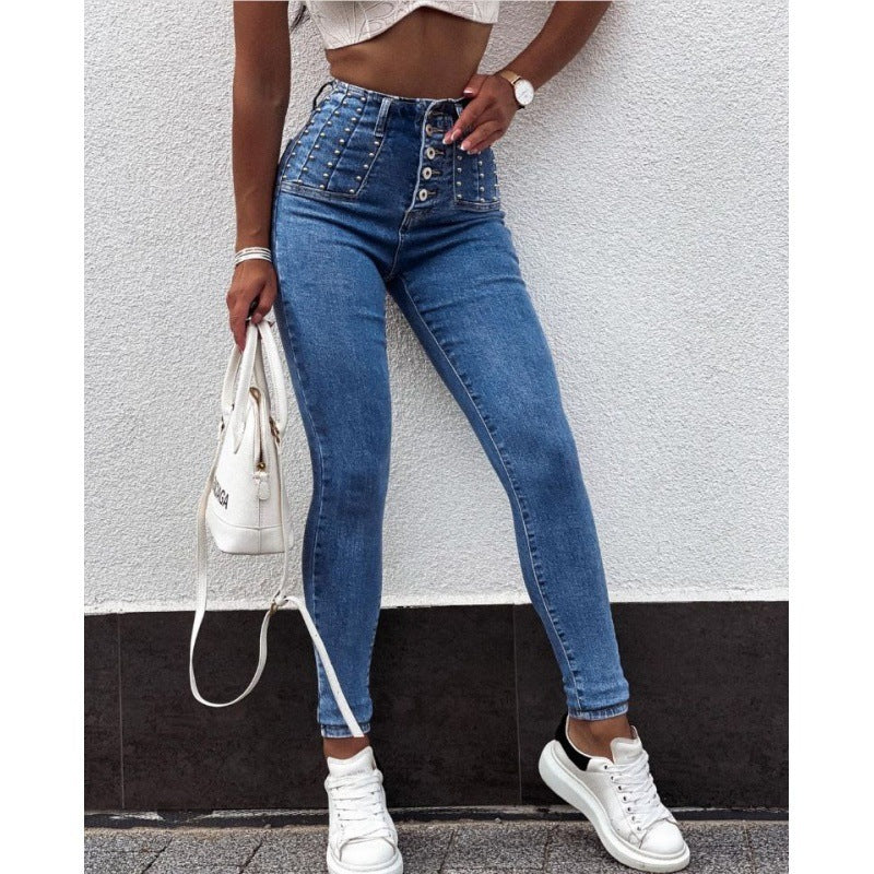 Women's High Waist, Breasted, Skinny Denim Trousers