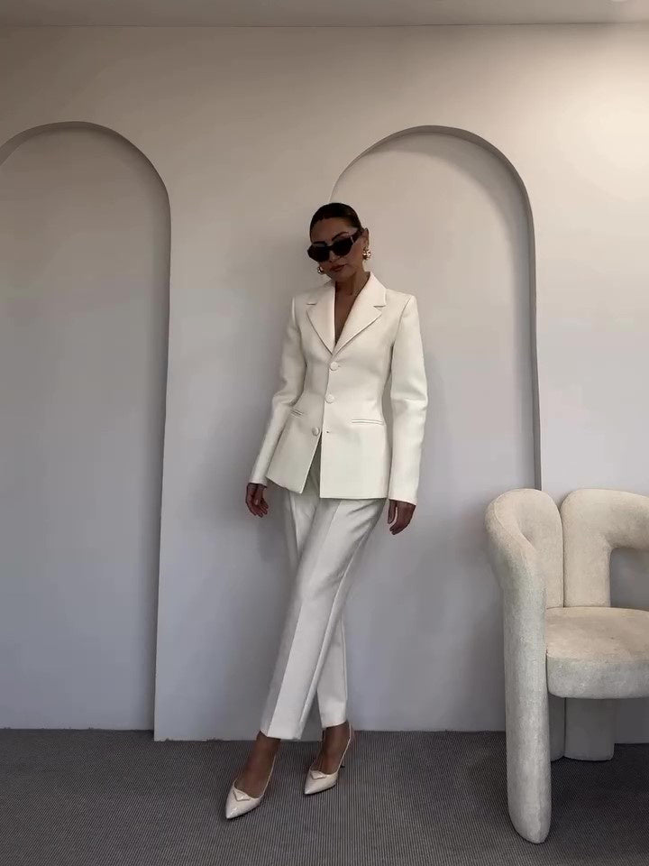 Women's Classic Waist-cinched Blazer & High-waisted Pants White Suit