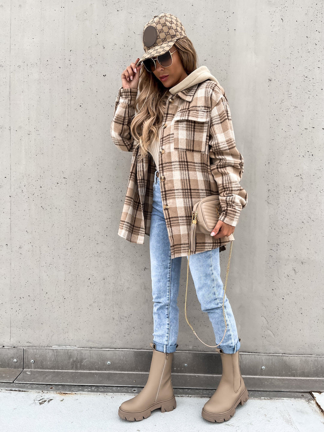 Women's Woolen Jacket,Winter Fashion Plaid Hooded, With Detachable Cap And Pockets Outerwear