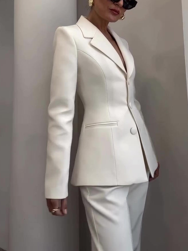 Women's Classic Waist-cinched Blazer & High-waisted Pants White Suit