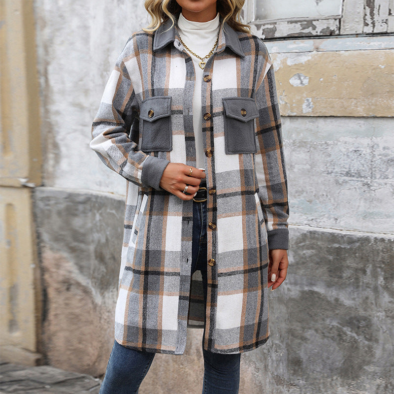 Women's Brushed Plaid Long Coat With Pockets