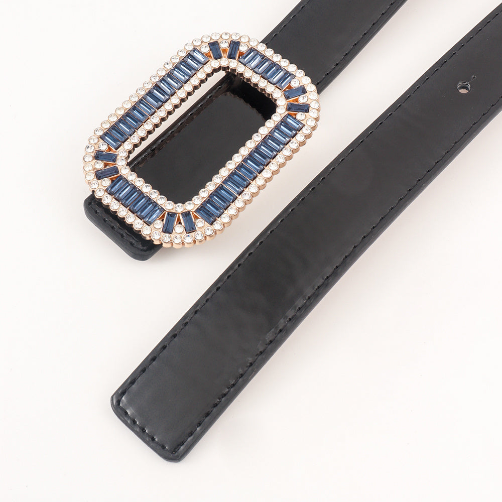 Women's Blue Rectangular Rhinestone Buttonhole Belt forElegant Atmosphere,  Goes With Pants Dress and coats