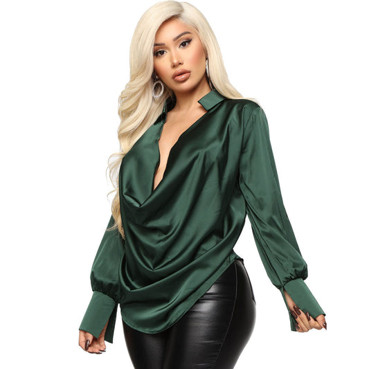 Women's Sexy Temperament Long-sleeved Deep V-neck Satin All-match Top