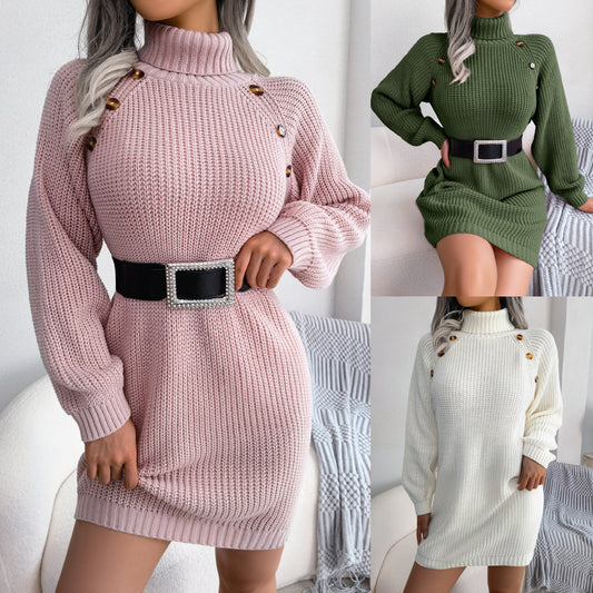 Women's Winter Turtleneck Long Sweater Dress With Button Design