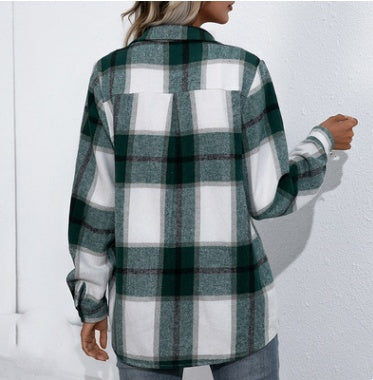 Women's Long-sleeved Thick Cashmere Plaid Shirt Jacket