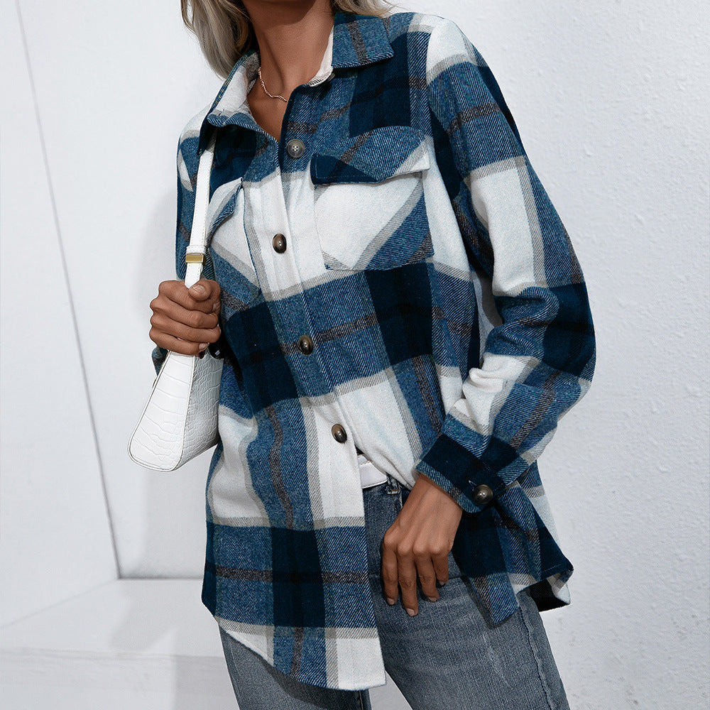 Women's Long-sleeved Thick Cashmere Plaid Shirt Jacket